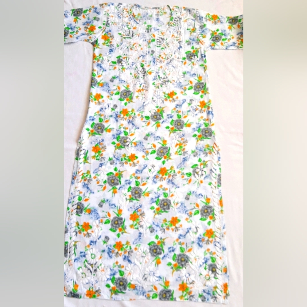 Women's Floral Print Tunic Dress in White and Green